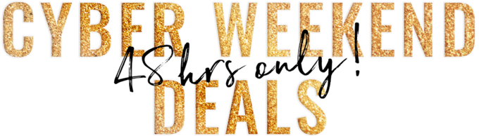 Bright and sparkling text announcing Cyber Weekend Deals, promoting special sales and discounts.