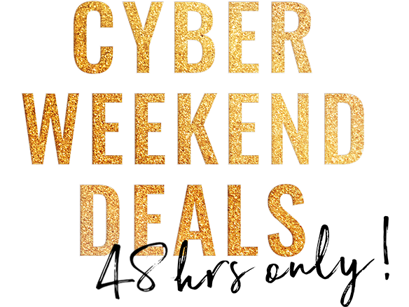 Bright and sparkling text announcing Cyber Weekend Deals, promoting special sales and discounts.