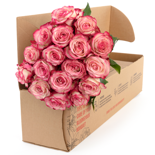 A beautiful bouquet of pink roses arranged inside an open cardboard box, ready for delivery, with luscious petals and fresh green stems visible.
