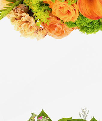 Vibrant floral corner border with orange roses, yellow blooms, greenery, and a pumpkin on a white background, with space for text, perfect for autumn-themed design.