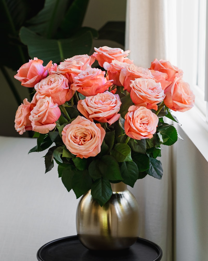 Vibrant bouquet of pink roses in full bloom arranged in a golden vase on a table by a window, with soft natural light enhancing the petals' delicate textures.
