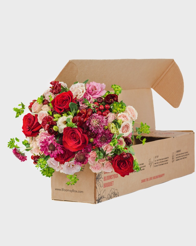 A vibrant bouquet of red and pink roses with assorted flowers spilling elegantly from an open BloomsyBox, set against a white background, showcasing a fresh floral delivery.