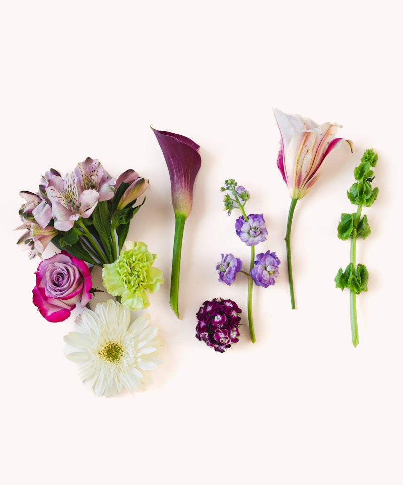 Assorted fresh flowers including pink roses, white lilies, and purple blooms arranged in a line on a white background, a versatile image for various floral themes.
