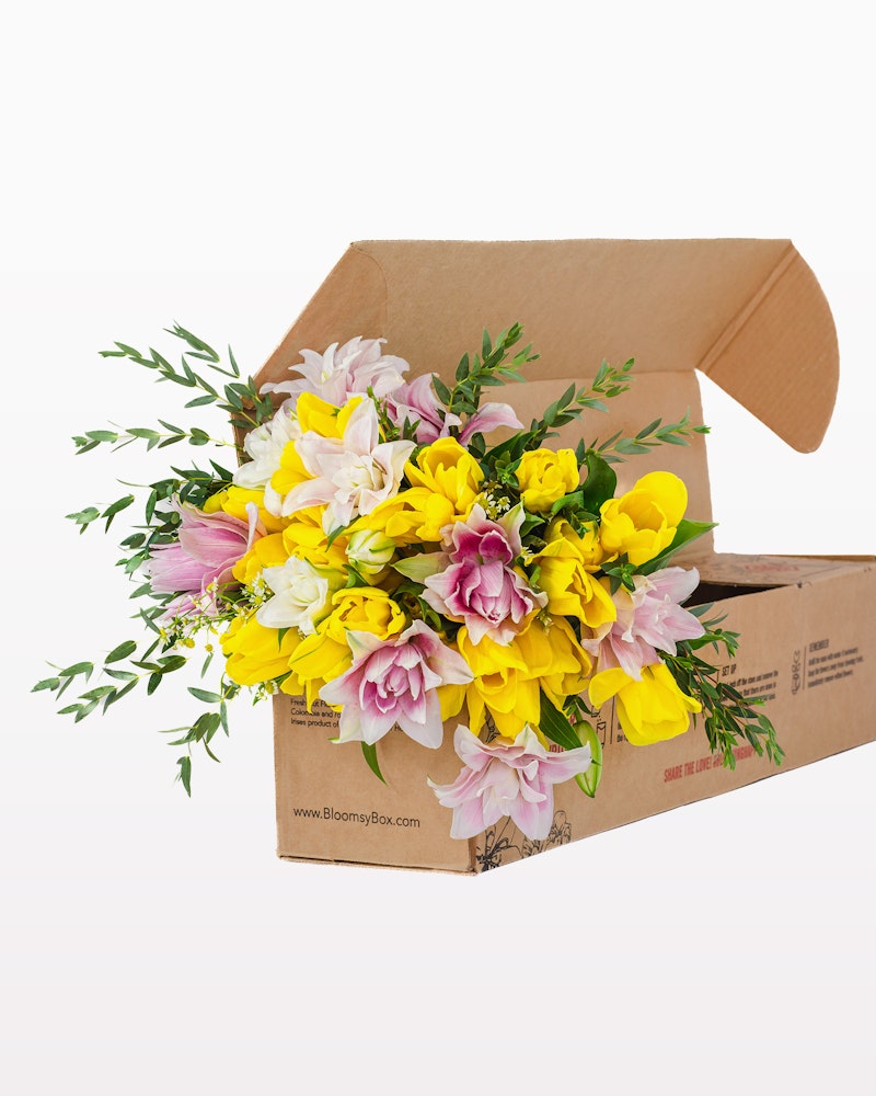 Vibrant yellow and pink flowers, including lilies and daisies, arranged beautifully and spilling out of a cardboard delivery box with the website "BloomyBox.com" printed on it.