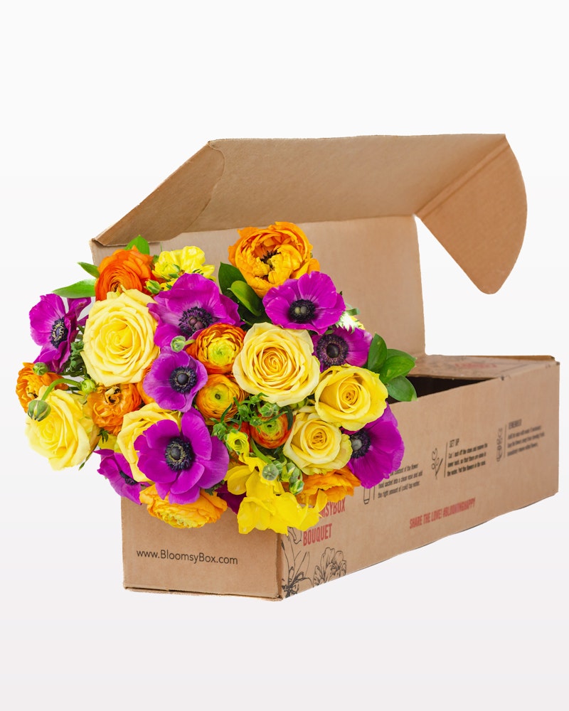 Brightly colored bouquet of yellow roses, purple anemones, and assorted flowers emerging from a cardboard delivery box, isolated on a white background.