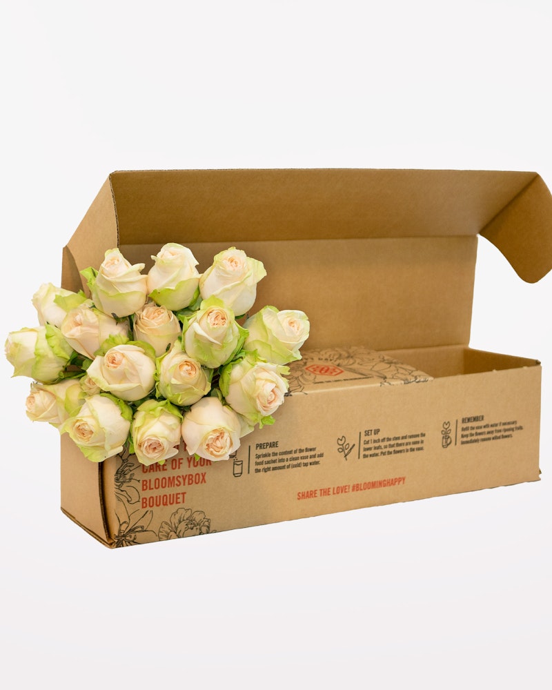 Bunch of fresh pale pink roses arranged neatly in an open cardboard box with a "BloomsBox Bouquet" print, showcasing a unique flower gift packaging concept.