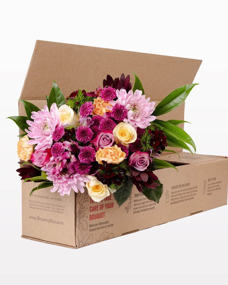 Fresh bouquet of pink and cream roses, chrysanthemums, and other flowers packaged neatly in a brown cardboard box with care instructions for optimal SEO.