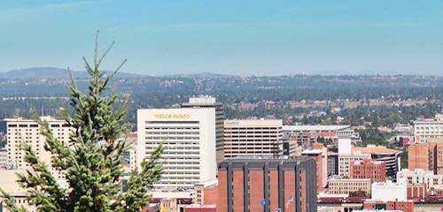 Panoramic view of a bustling cityscape with high-rise buildings under clear blue skies, featuring a Wells Fargo building prominently among the urban skyline.