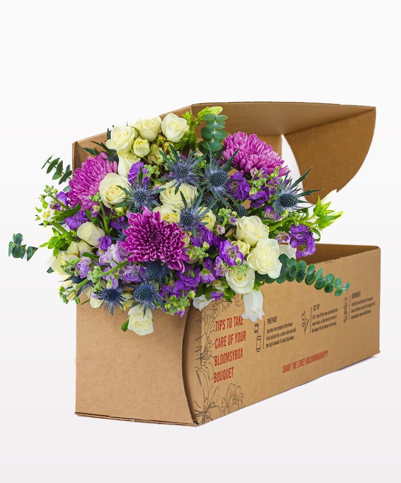 A vibrant floral arrangement featuring purple chrysanthemums, white roses, and green foliage partially inside a cardboard delivery box with care instructions.