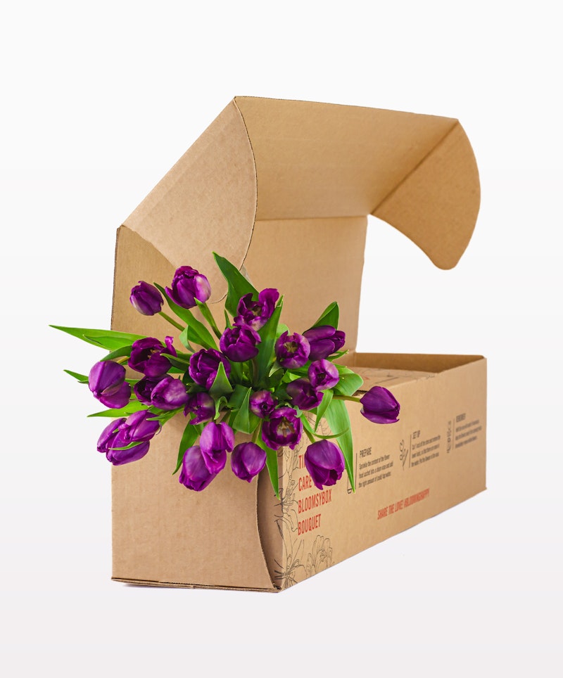 A bouquet of vibrant purple tulips freshly arranged and spilling out from an open, brown cardboard flower box against a neutral white background.