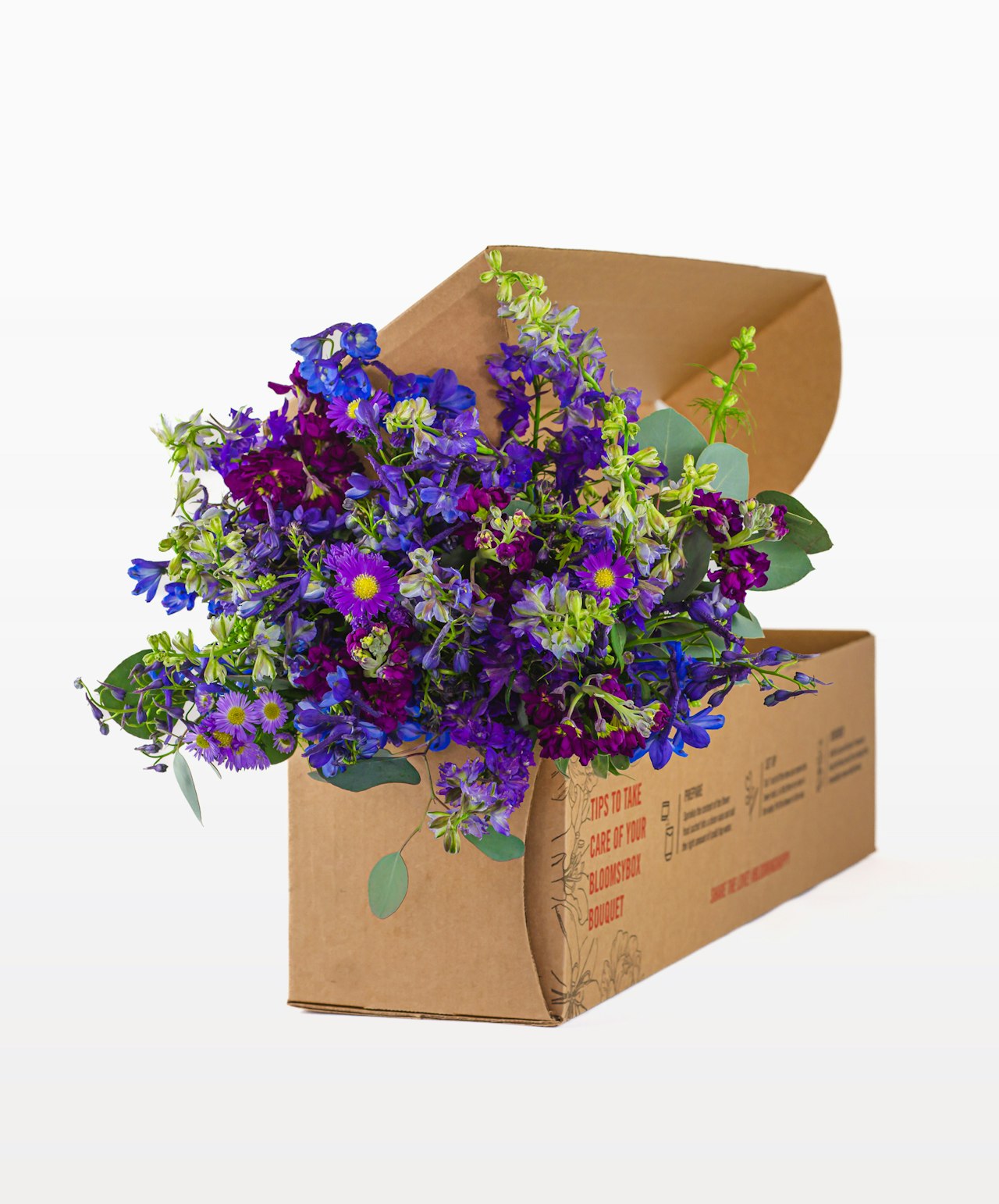 Vibrant floral arrangement featuring blue and purple blooms in a stylish delivery box.