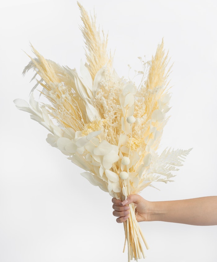 Elegant dried floral bouquet featuring soft white and beige tones, perfect for minimalist decor.