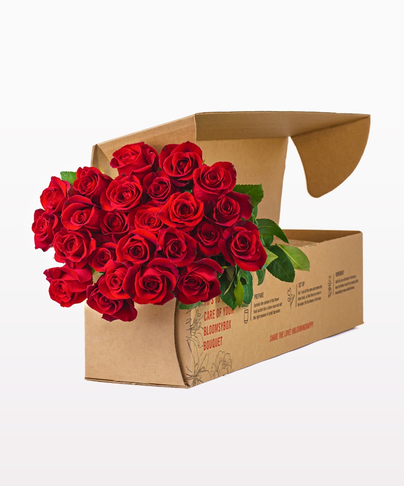 Vibrant bouquet of fresh red roses elegantly presented in an open brown cardboard box with care instructions printed on the side, isolated on a white background.