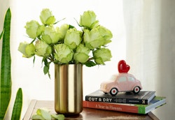 A bouquet of light green roses in a golden vase atop a stack of books beside a miniature pink car with a red heart on a table, creating a cozy indoor setting.