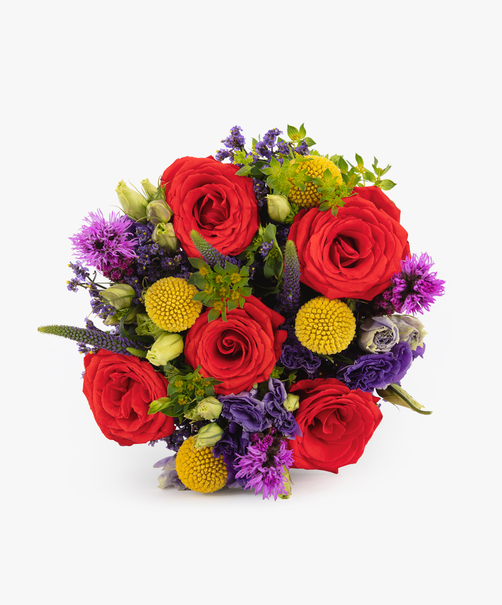 Vibrant bouquet featuring red roses, yellow billy balls, and purple florals in a lush arrangement.