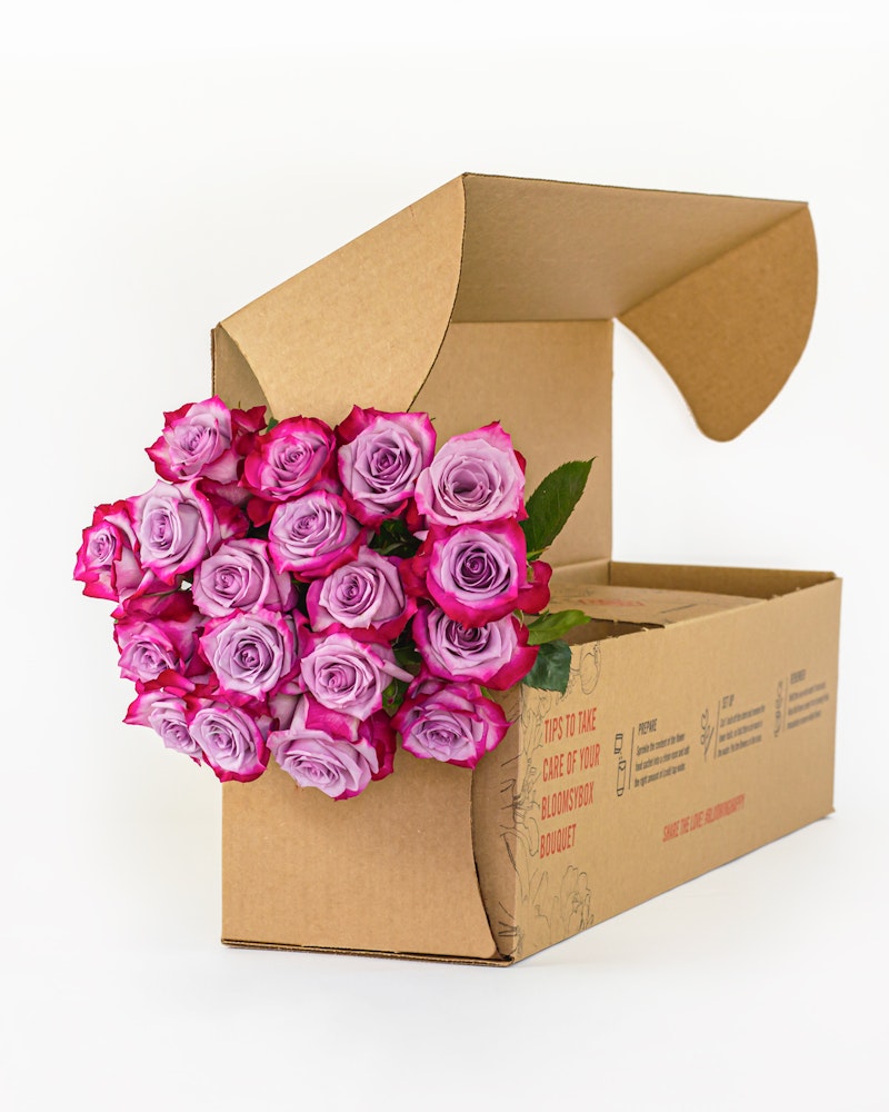 Bouquet of pink roses spilling out of an open cardboard box against a white background, symbolizing delivery of fresh flowers or a floral gift.