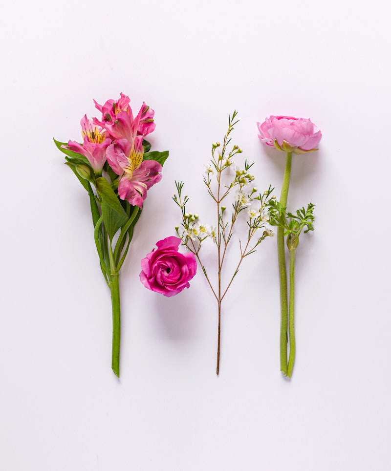 Assorted fresh flowers including pink Peruvian lilies, vibrant pink roses, and a soft pink peony with tiny white blooms, neatly arranged on a clean white background.