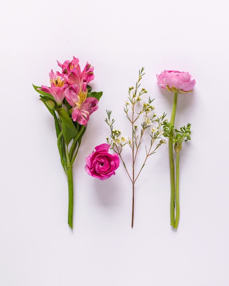 Assorted fresh flowers including pink Peruvian lilies, vibrant pink roses, and a soft pink peony with tiny white blooms, neatly arranged on a clean white background.