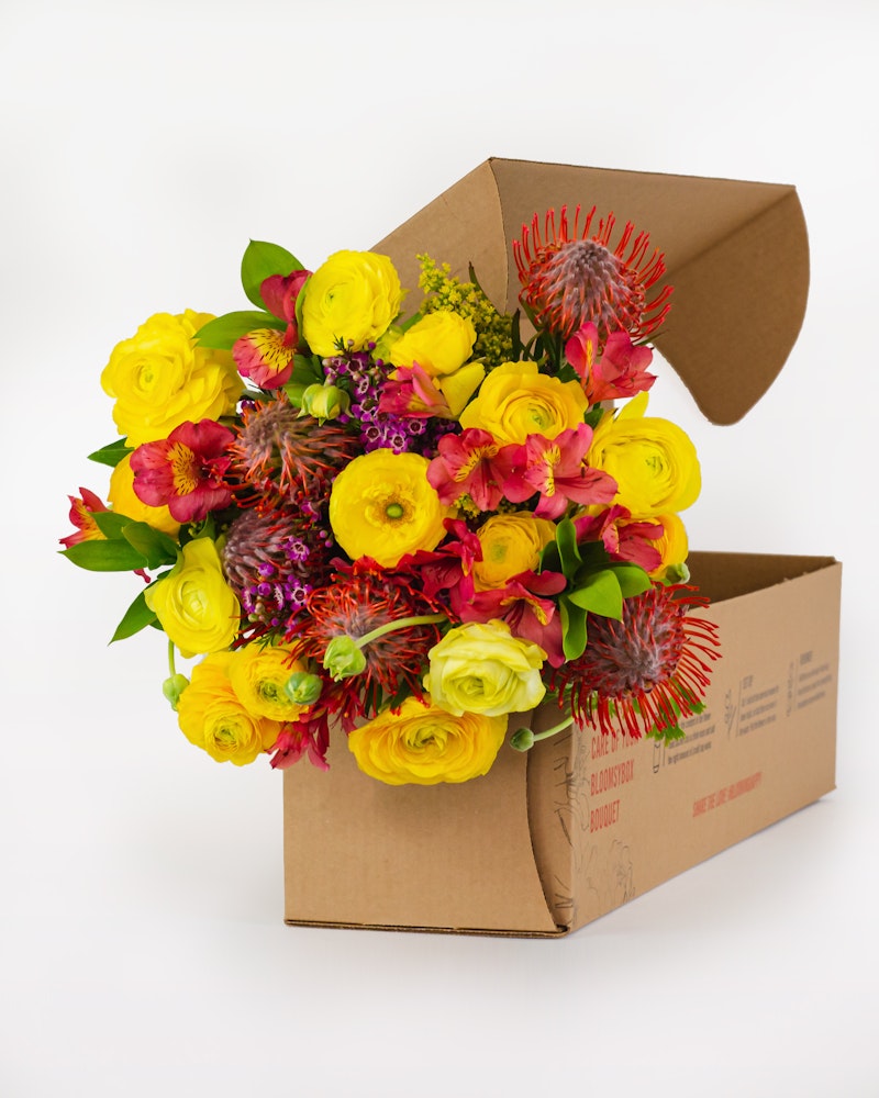 Vibrant bouquet of yellow roses, red Leucospermum, and pink flowers spilling from a cardboard box against a white background, suggesting a flower delivery service.