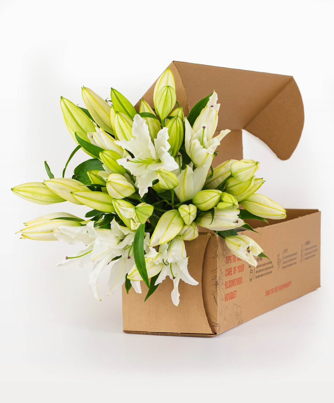 Fresh white lilies in a stylish box, ready for delivery, perfect for any occasion.