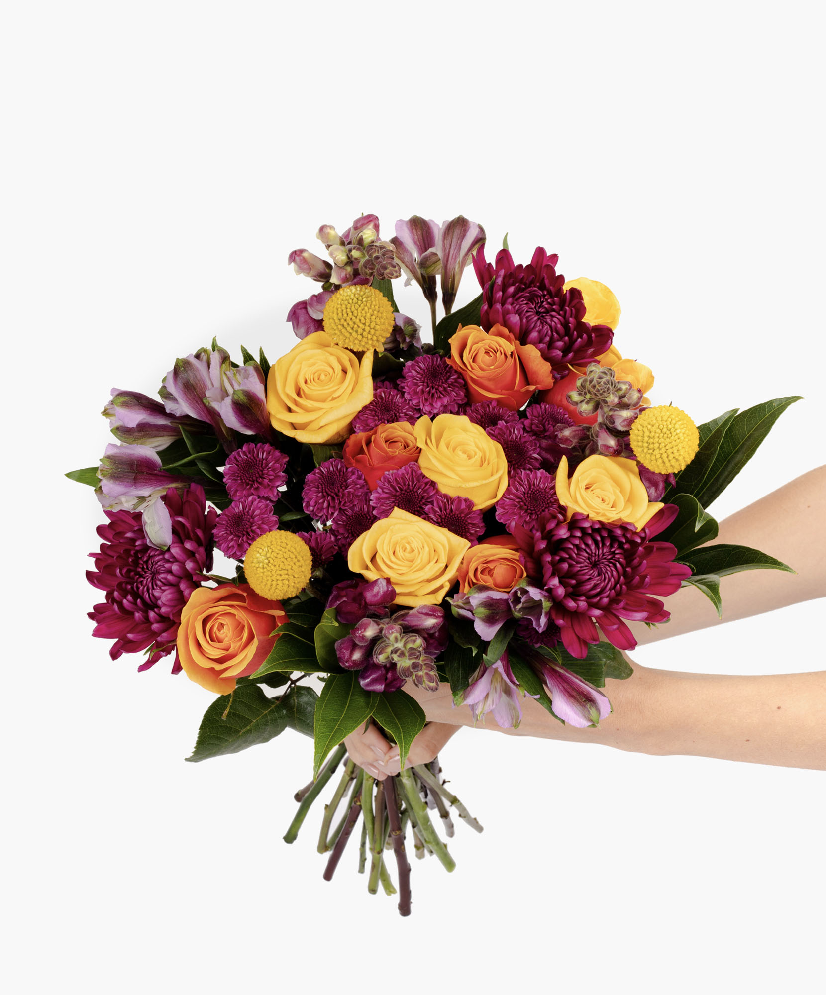 Bright and colorful flower bouquet featuring yellow and purple roses, perfect for celebrations.