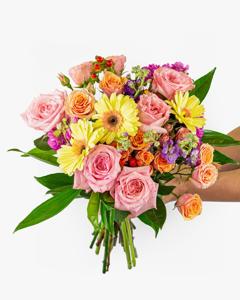 Vibrant bouquet of flowers including pink roses, yellow gerberas, purple accents, and green foliage held by a hand against a white background.