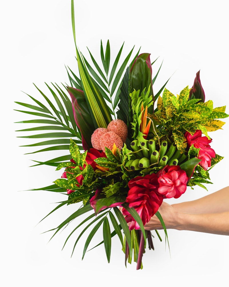 Colorful tropical bouquet held against a white background, featuring vibrant green foliage, red flowers, and exotic textured fruits with a human hand visible.