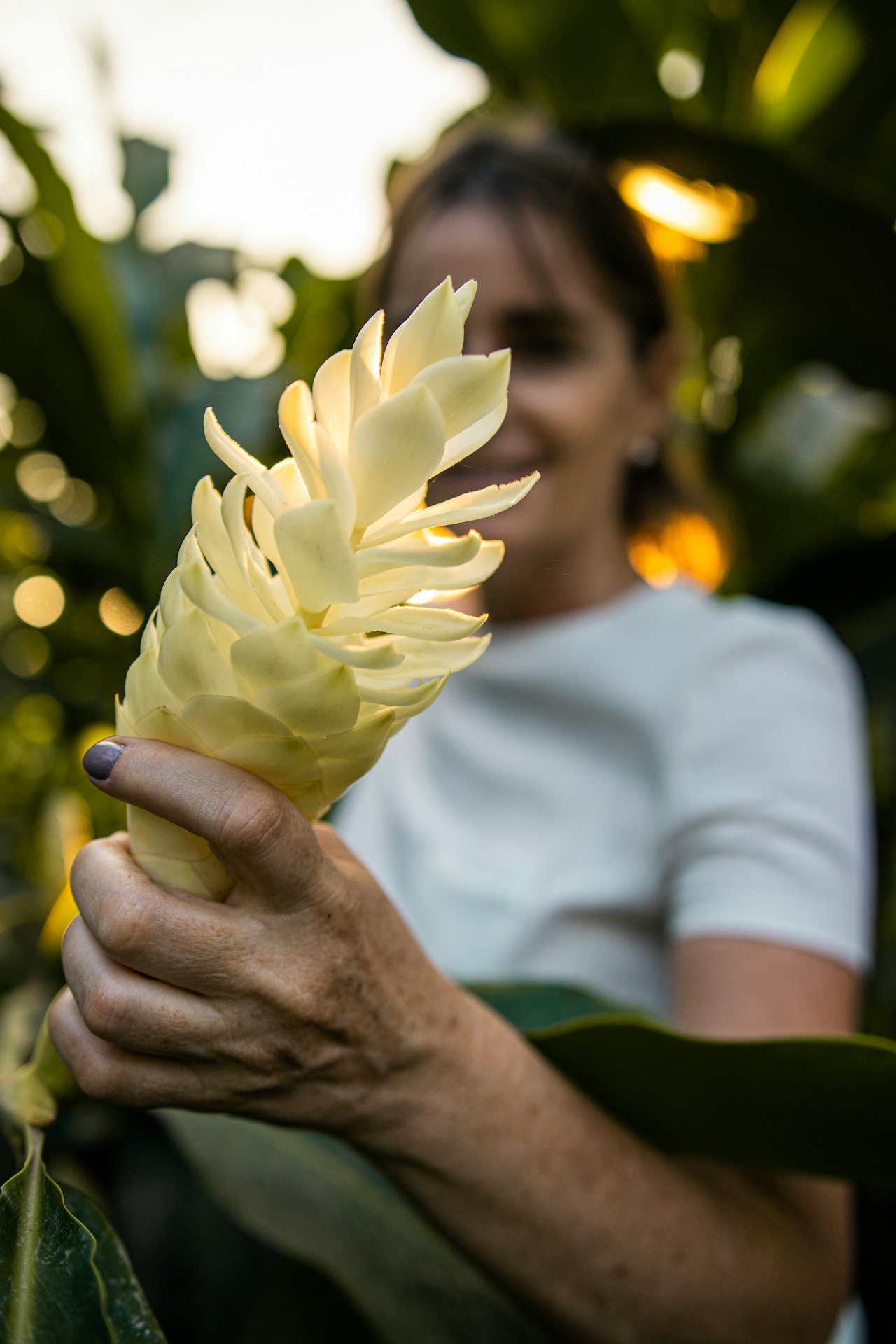 A woman in a white shirt holding a white blossom with large petals, standing amidst lush green foliage in soft-focus background during golden hour sunlight.