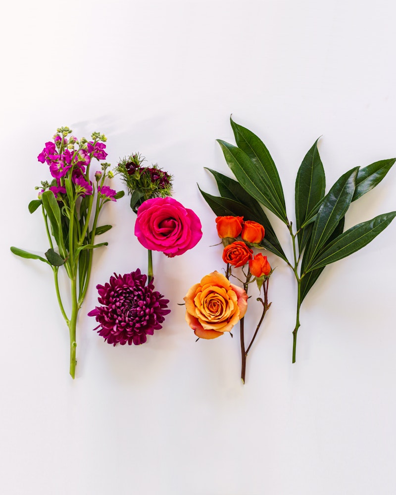 Colorful assortment of fresh flowers including pink ranunculus, purple chrysanthemums, orange roses, and green leaves arranged neatly on a white background.