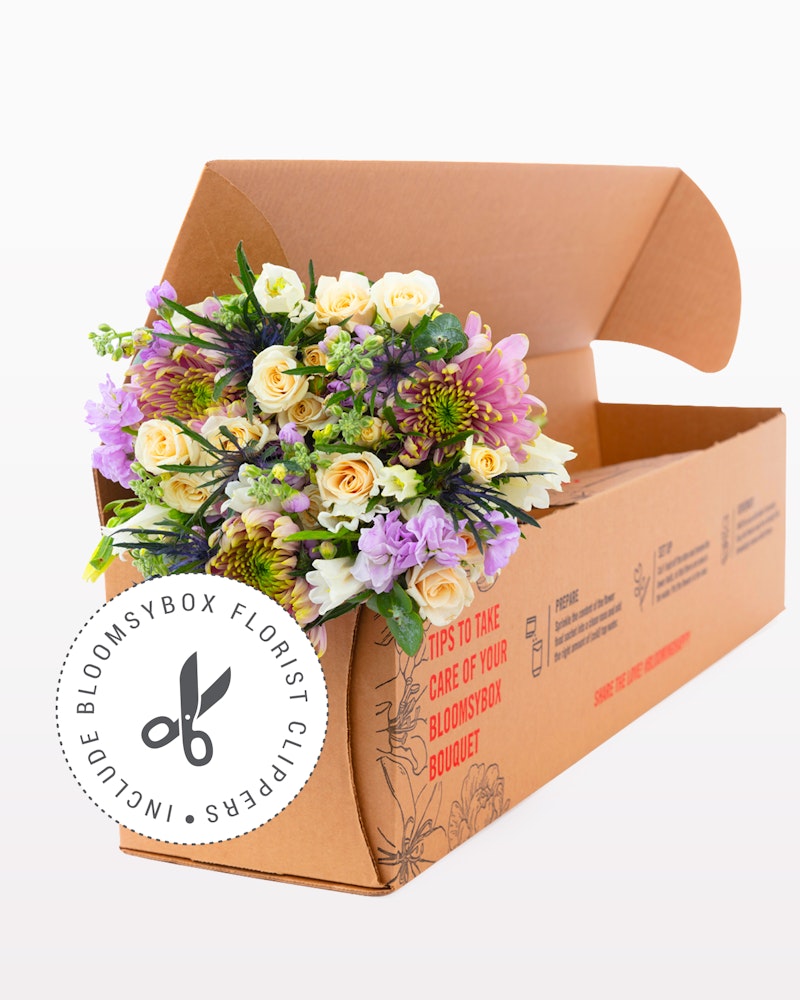 A vibrant bouquet of roses and mixed flowers artfully arranged in a BloomsyBox, a floral subscription box on a white background, showcasing fresh flower delivery services.