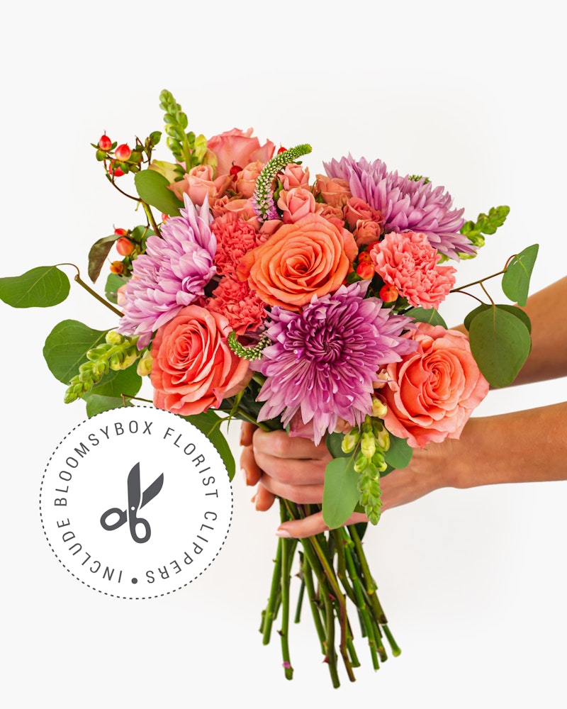 A vibrant bouquet of pink roses, purple chrysanthemums, and greenery held by hands against a white background with the BloomsyBox Florist logo.