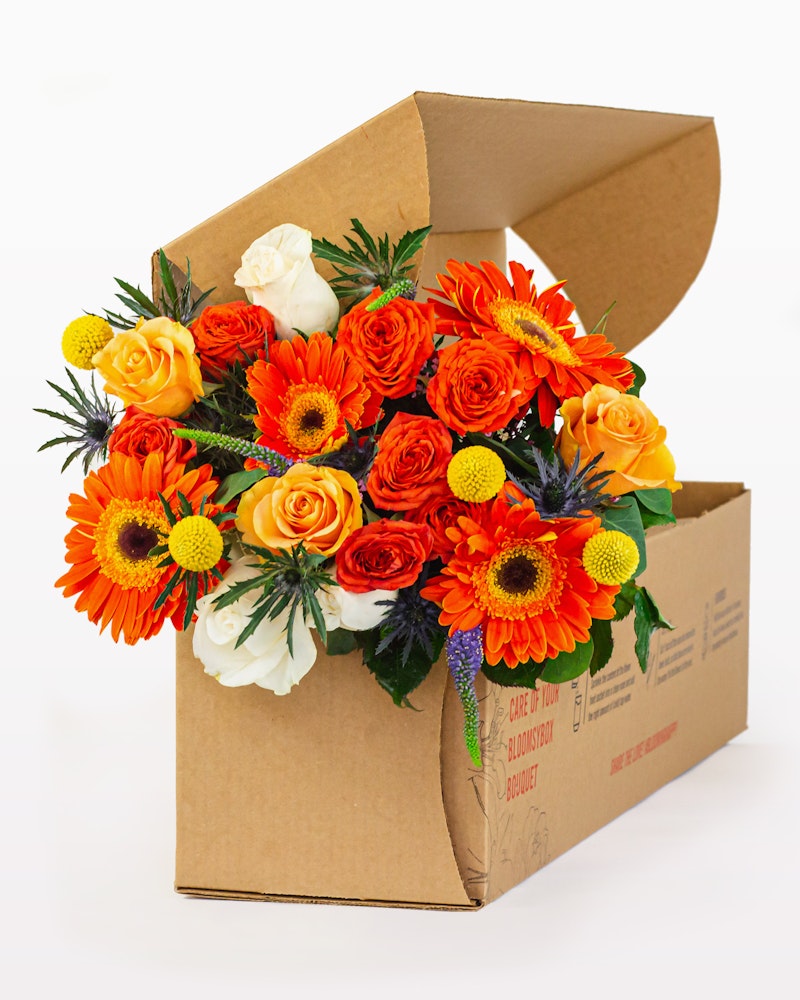 Vibrant bouquet of fresh flowers including orange gerberas, yellow sunflowers, and white roses spilling out of a brown cardboard box on a white background.