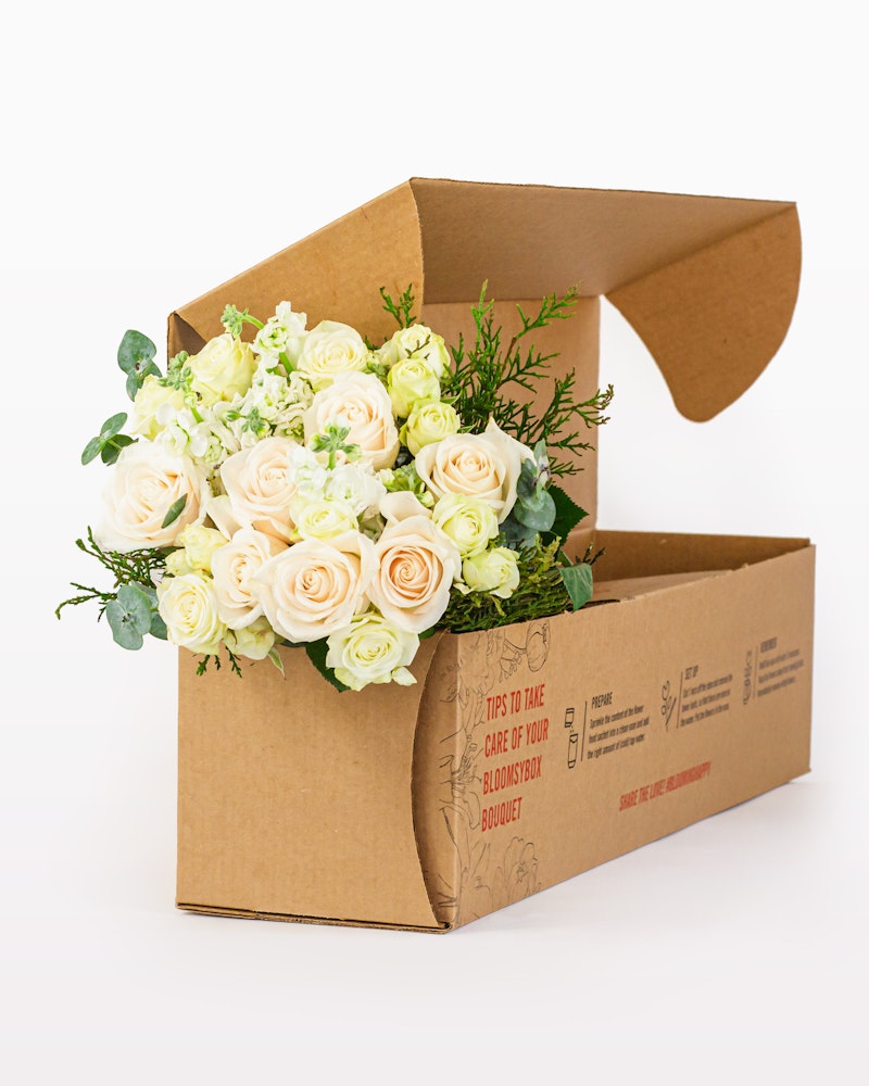 Open cardboard box with a beautiful bouquet of fresh white and pale pink roses, complemented by rich greenery, on a clean white background.