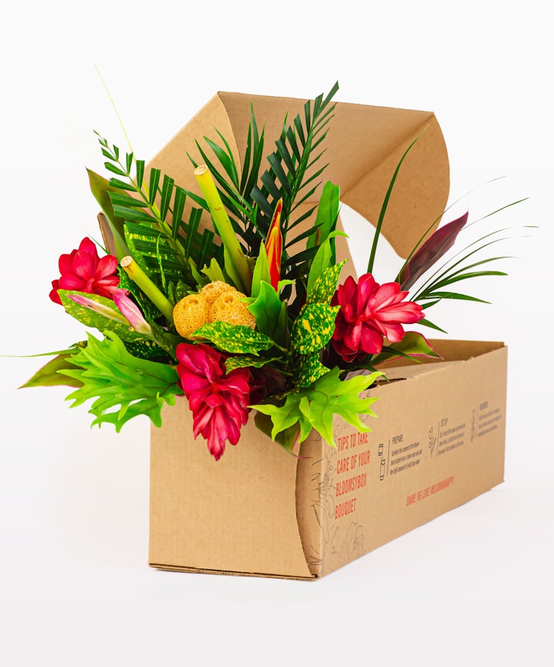 Colorful bouquet with red flowers and green foliage emerging from a brown cardboard box against a white background, symbolizing a floral delivery service.