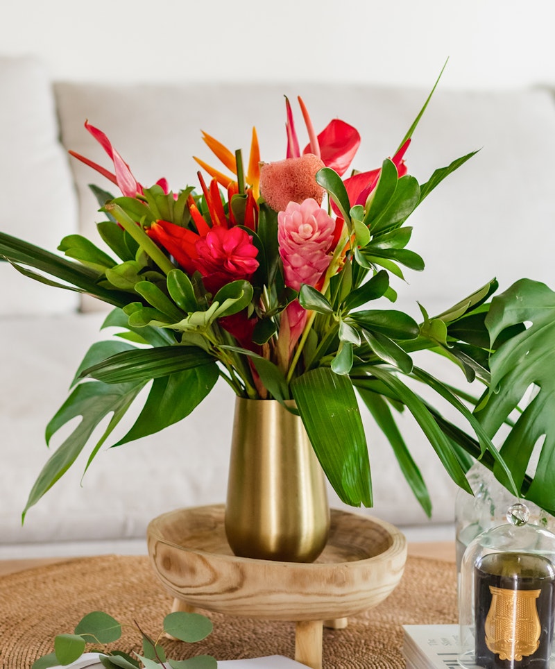 Vibrant bouquet of tropical flowers, including red anthuriums and pink ginger blooms, elegantly arranged in a gold vase on a wooden table inside a cozy room.