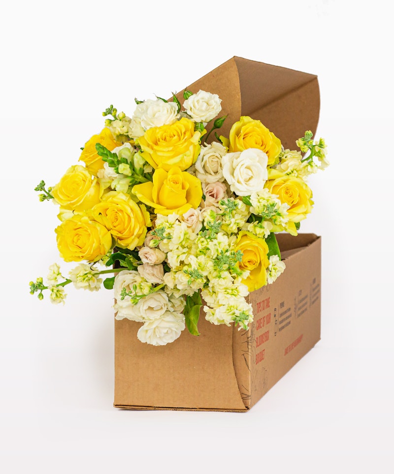 A vibrant bouquet of yellow and white roses with greenery spilling from an open cardboard box on a white background, symbolizing a fresh flower delivery.