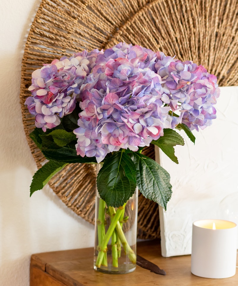 A vibrant bouquet of pink and purple hydrangeas arranged in a clear glass vase on a wooden side table, with a lit candle and a woven wall decoration in the background.