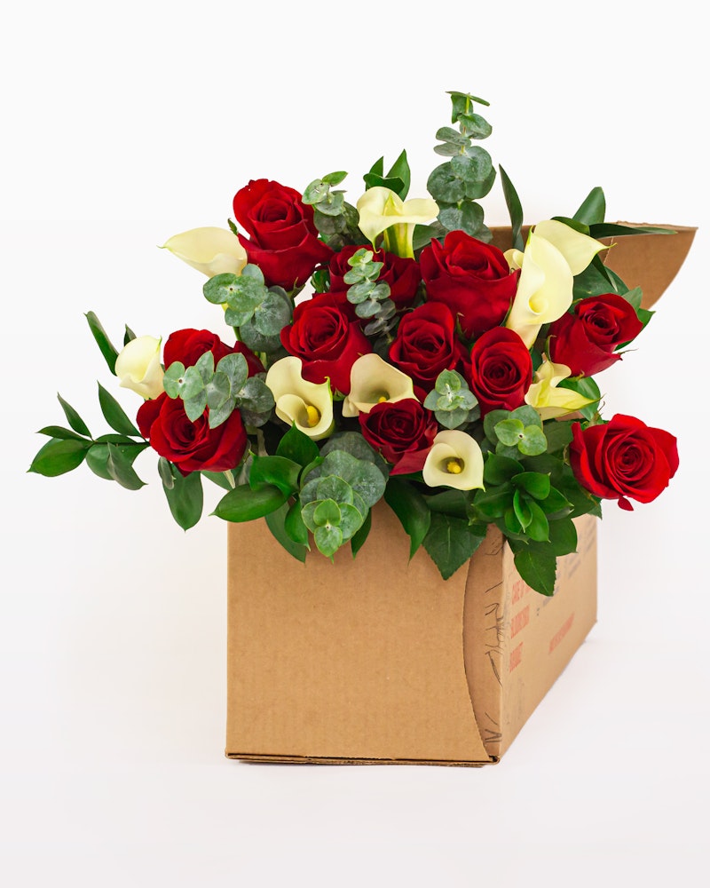 Vibrant bouquet of red roses & white lilies spilling from a cardboard box, against a white background, symbolizing a surprise floral delivery.