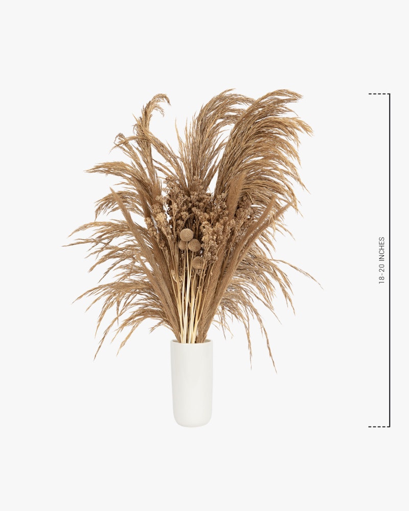 Elegant dry pampas grass and other dried plants arranged in a simple white vase against a neutral background, measured at 70 inches in height for home decor.