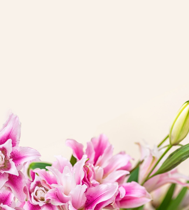 Delicate pink lilies and vibrant flowers arranged stylishly, showcasing natural beauty.