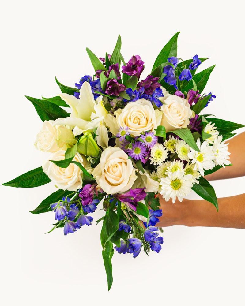A vibrant bouquet of flowers held by a person against a white background, featuring cream roses, purple accents, and lush green foliage.