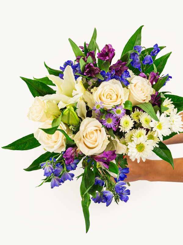 A vibrant bouquet of flowers held by a person against a white background, featuring cream roses, purple accents, and lush green foliage.