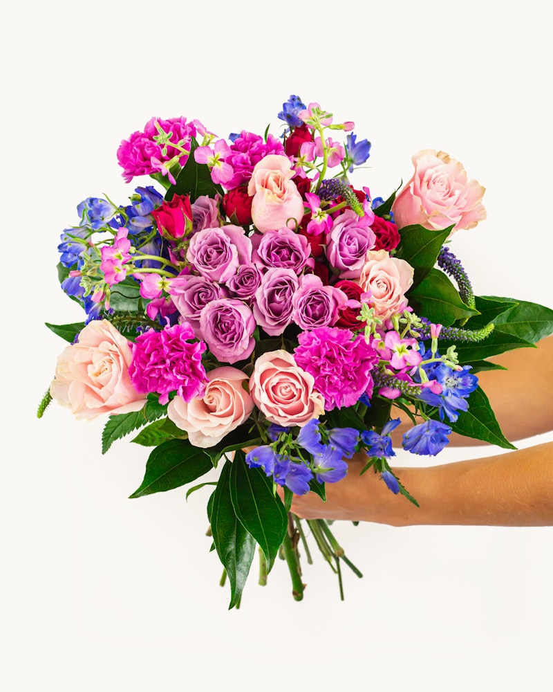 Vibrant bouquet of flowers with an array of pink roses, purple accents, and lush greenery held by a hand against a white background, perfect for special occasions.