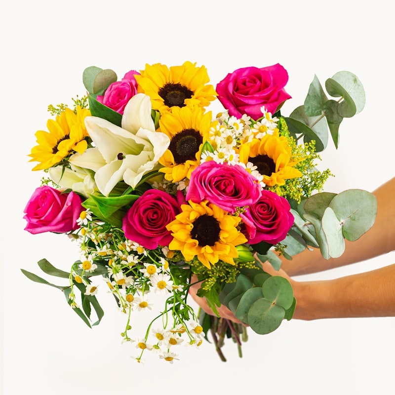 A vibrant bouquet with sunflowers, pink roses, white lilies, and baby's breath held by a person against a white background, showcasing a fresh and colorful floral arrangement.