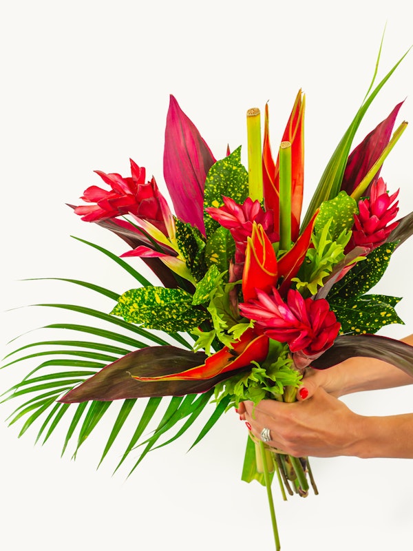 A vibrant tropical bouquet featuring red ginger flowers, heliconias, and green foliage held in a person's hands against a white background, showcasing a fresh, exotic arrangement.