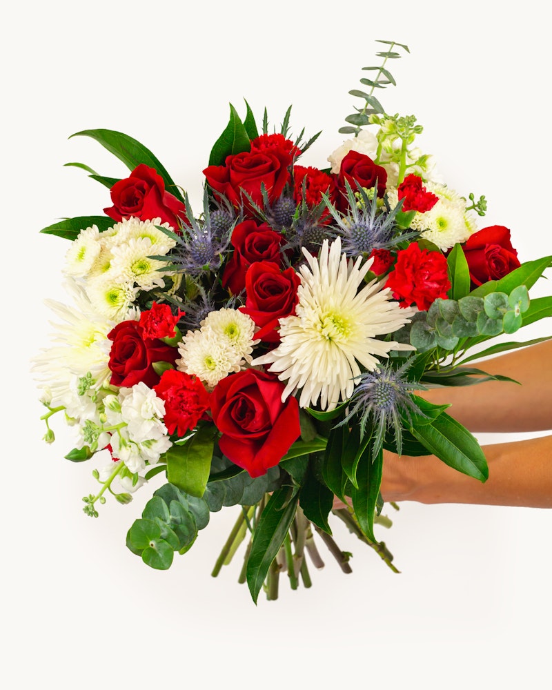 A person holding a vibrant bouquet of flowers, featuring red roses, white chrysanthemums, and foliage, against a white background, ideal for special occasions.