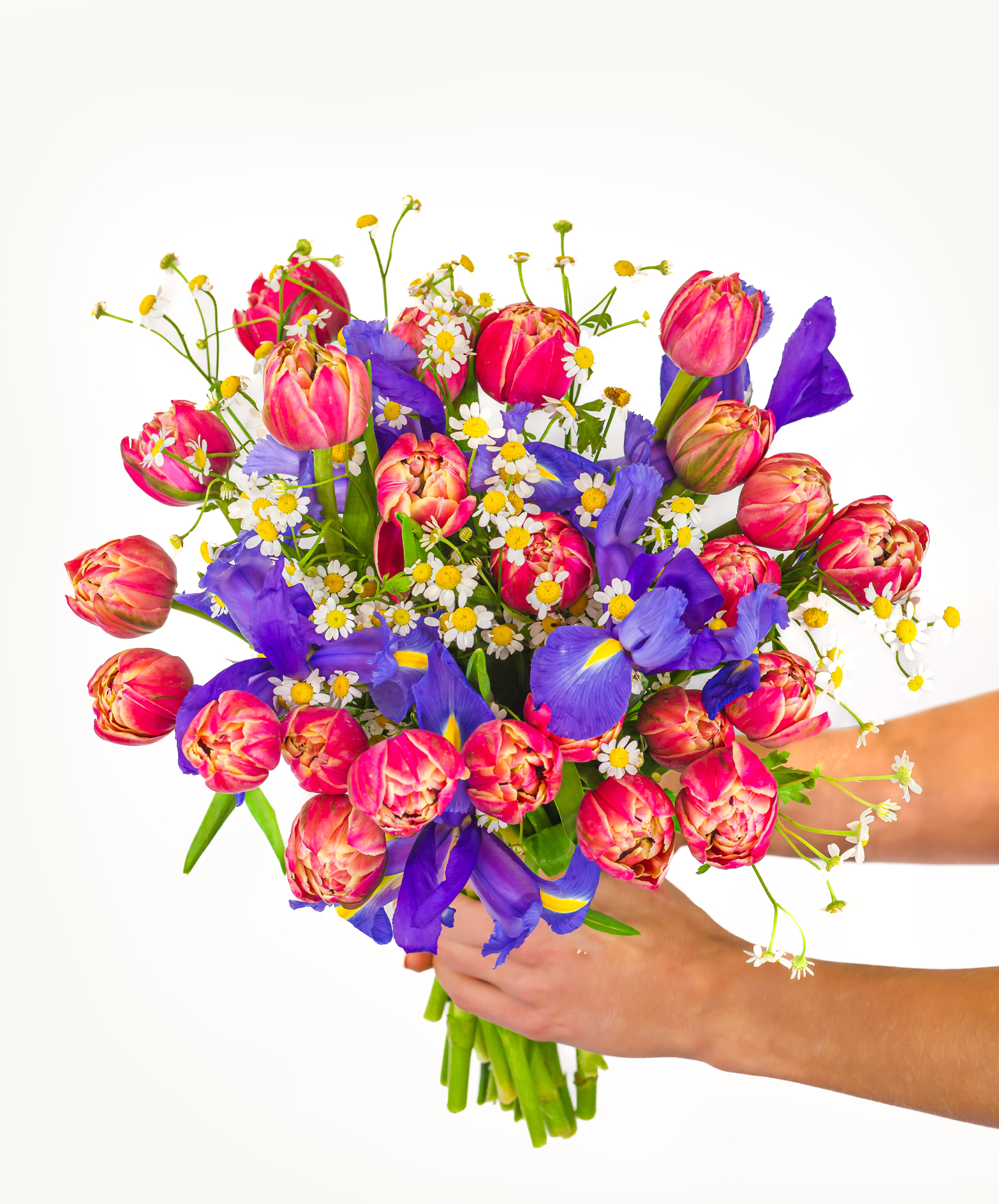 Vibrant bouquet featuring pink tulips, blue irises, and delicate daisies.