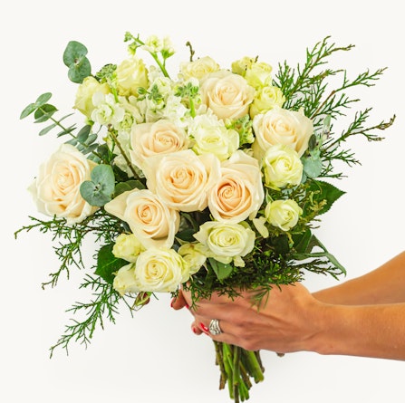 Elegant bouquet of cream roses and white flowers, accented with greenery. Perfect for any occasion.