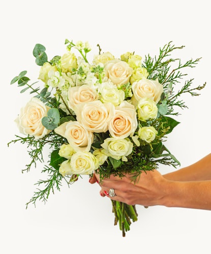 Elegant bouquet of cream roses and white flowers, accented with greenery. Perfect for any occasion.