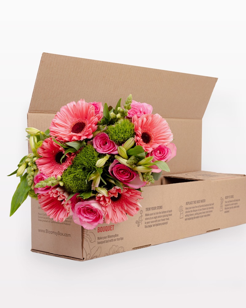 Fresh pink gerbera daisies and roses bouquet alongside greenery emerging from a brown cardboard delivery box on a white background, symbolizing online floral services.